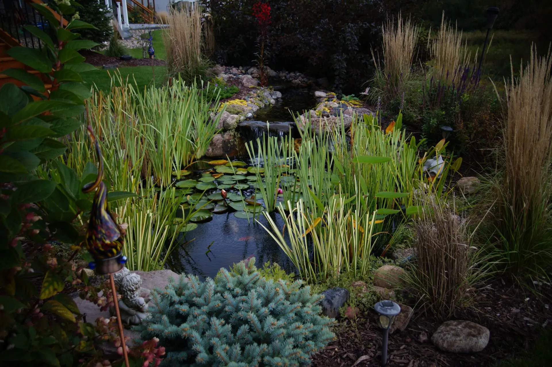 A beautifully designed custom koi pond with vibrant plants surrounding it, adding life and color to the landscape.